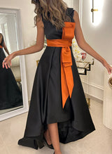 A-Line Scoop Neck Sleeveless Sweep Train Satin Homecoming Dresses-Ballbella