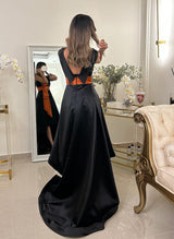 A-Line Scoop Neck Sleeveless Sweep Train Satin Homecoming Dresses-Ballbella