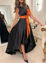 A-Line Scoop Neck Sleeveless Sweep Train Satin Homecoming Dresses-Ballbella