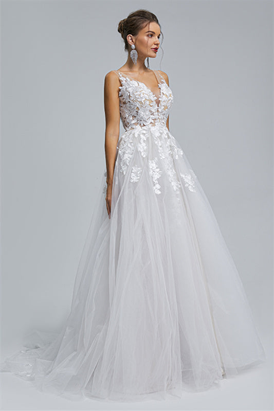 A-line Sheer Straps V-neck Tulle Applique Floor-length Sleeveless Wedding Dress Cover-Ballbella