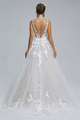 A-line Sheer Straps V-neck Tulle Applique Floor-length Sleeveless Wedding Dress Cover-Ballbella