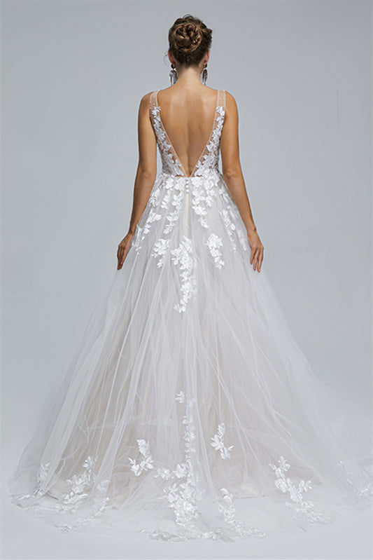 A-line Sheer Straps V-neck Tulle Applique Floor-length Sleeveless Wedding Dress Cover-Ballbella