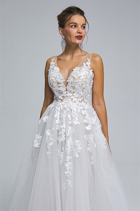 A-line Sheer Straps V-neck Tulle Applique Floor-length Sleeveless Wedding Dress Cover-Ballbella