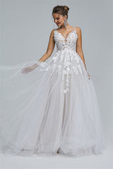 A-line Sheer Straps V-neck Tulle Applique Floor-length Sleeveless Wedding Dress Cover-Ballbella