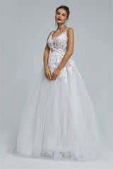 A-line Sheer Straps V-neck Tulle Applique Floor-length Sleeveless Wedding Dress Cover-Ballbella
