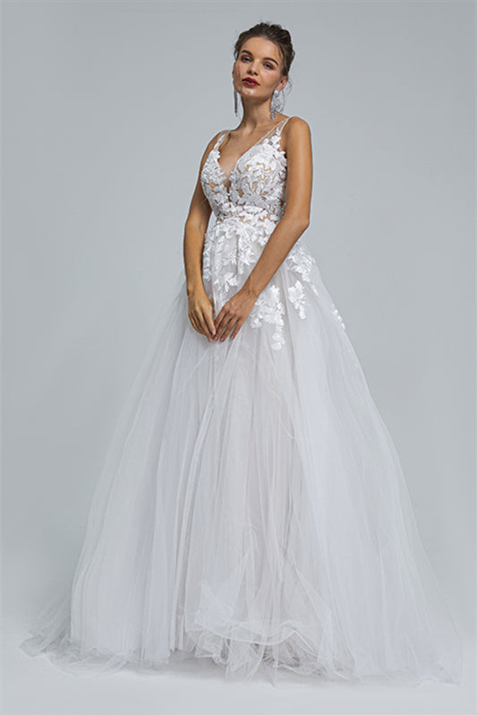 A-line Sheer Straps V-neck Tulle Applique Floor-length Sleeveless Wedding Dress Cover-Ballbella