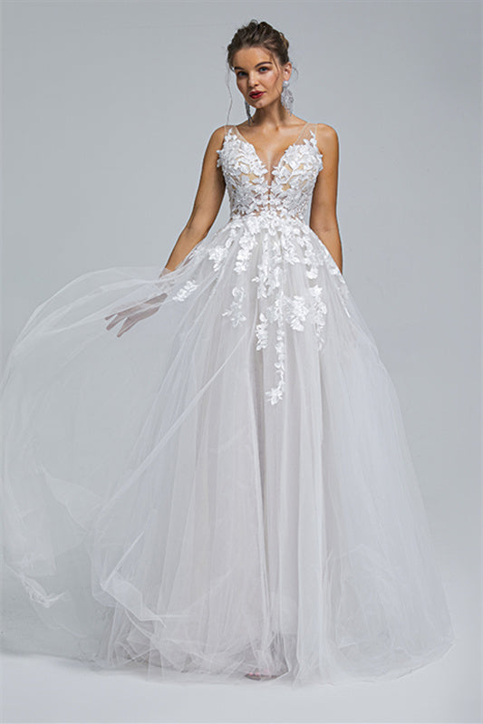 A-line Sheer Straps V-neck Tulle Applique Floor-length Sleeveless Wedding Dress Cover-Ballbella