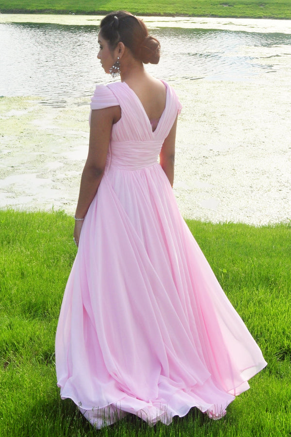 A-line Short sleeve Floor Length Chiffon Lace Evening Dress-Ballbella