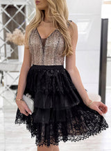 A-Line Sleeveless V-Neck Lace Short/Mini Short/Mini Homecoming Dresses With Sequins-Ballbella