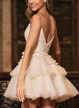 A-Line Sleeveless V-Neck Tulle Short/Mini Homecoming Dresses With Cascading Ruffles-Ballbella