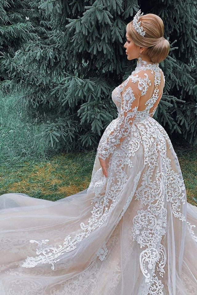 A-line Small Round Collar Long Train Tulle Beading Paillette Wedding Dress A-line Small Round Collar Long Train Tulle Beading Paillette Wedding Dress
