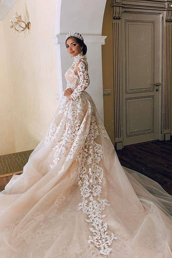 A-line Small Round Collar Long Train Tulle Beading Paillette Wedding D –  Ballbella