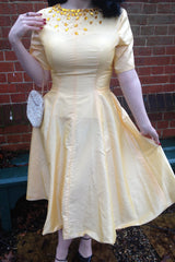 A-line Small Round Collar Tea Length Charmuse Beaded Prom Dress-Ballbella