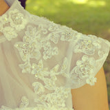 A-line Small Round Collar Tea Length Short Sleeves Tulle Applique Lace Wedding Dress-Ballbella