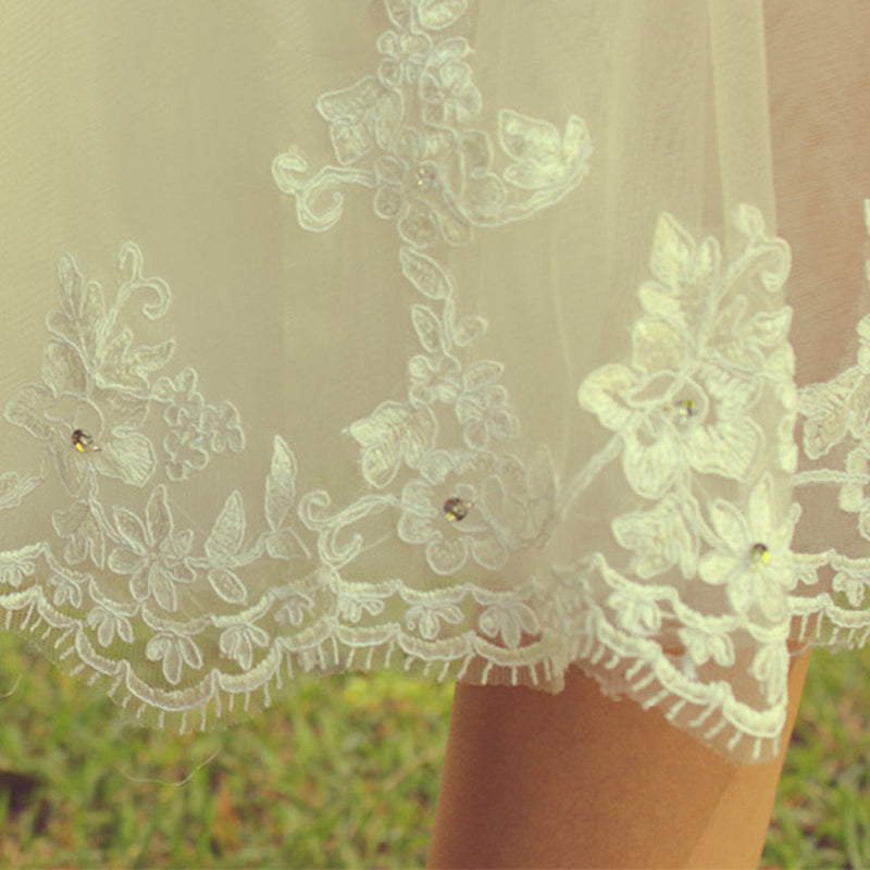 A-line Small Round Collar Tea Length Short Sleeves Tulle Applique Lace Wedding Dress-Ballbella