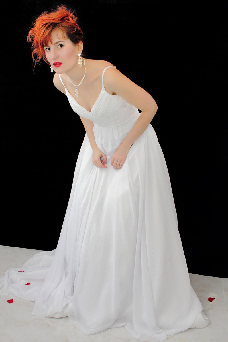 A-line Spaghetti Strap Floor Length Chapel Tulle Backless Wedding Dress-Ballbella