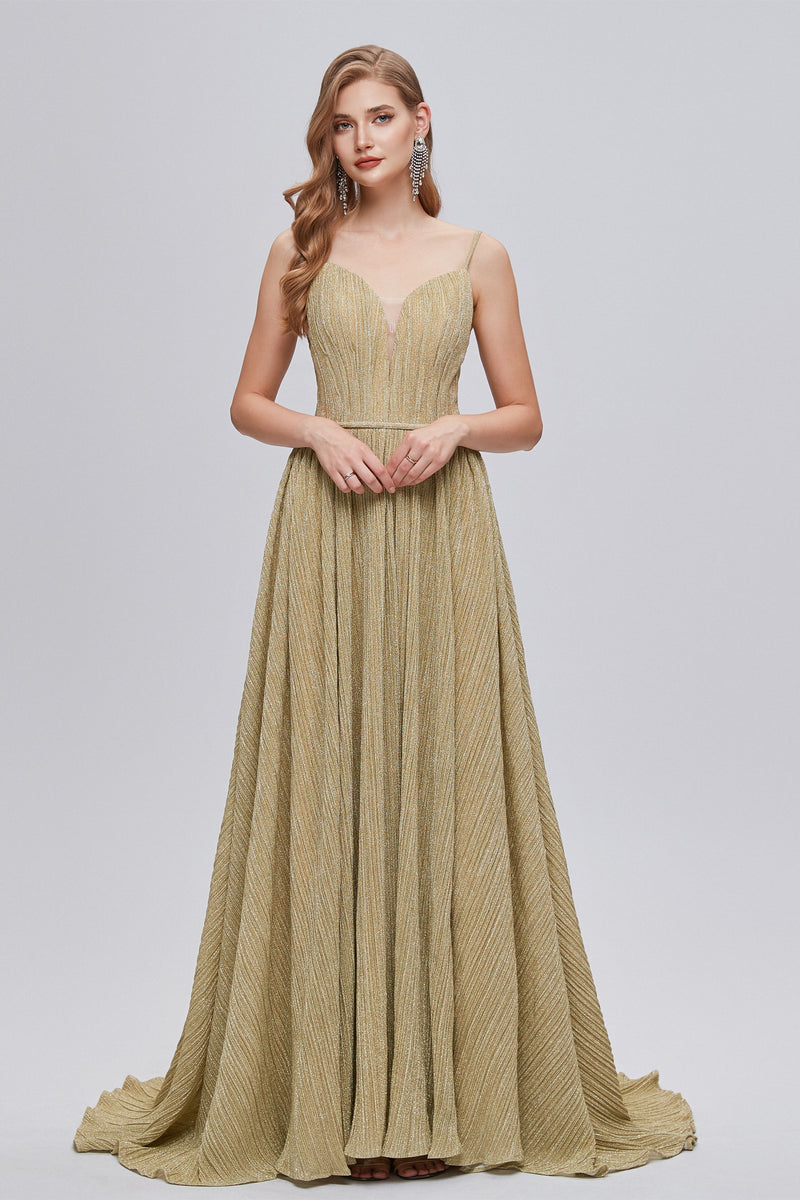 A-line Spaghetti strap Floor-length Sleeveless Open Back Elegant Beautiful Prom Dresses-Ballbella