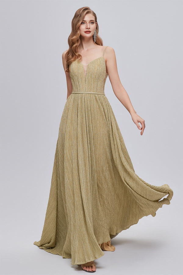 A-line Spaghetti strap Floor-length Sleeveless Open Back Elegant Beautiful Prom Dresses-Ballbella