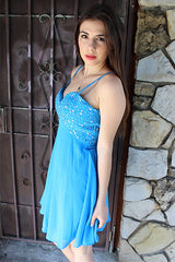 A-line Spaghetti Strap Knee Length Chiffon Rhinestone Prom Dress-Ballbella