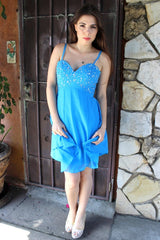 A-line Spaghetti Strap Knee Length Chiffon Rhinestone Prom Dress-Ballbella