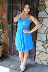 A-line Spaghetti Strap Knee Length Chiffon Rhinestone Prom Dress-Ballbella