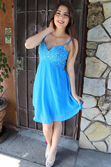 A-line Spaghetti Strap Knee Length Chiffon Rhinestone Prom Dress-Ballbella