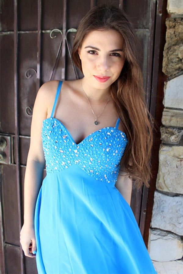 A-line Spaghetti Strap Knee Length Chiffon Rhinestone Prom Dress-Ballbella