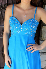 A-line Spaghetti Strap Knee Length Chiffon Rhinestone Prom Dress-Ballbella