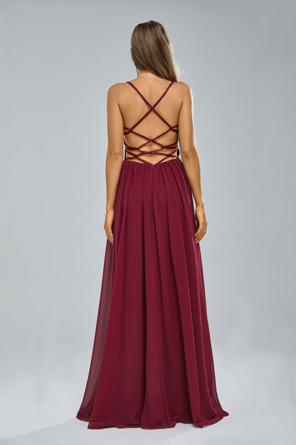 A-line Spaghetti strap Lace Sequined Floor-length Sleeveless Backless High Split Elegant Prom Dress-Ballbella