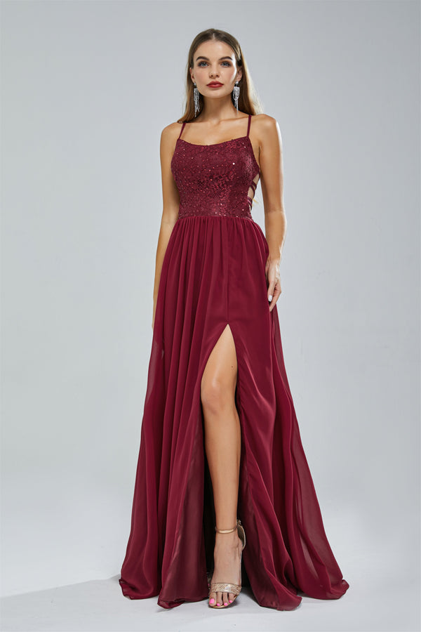 A-line Spaghetti strap Lace Sequined Floor-length Sleeveless Backless High Split Elegant Prom Dress-Ballbella