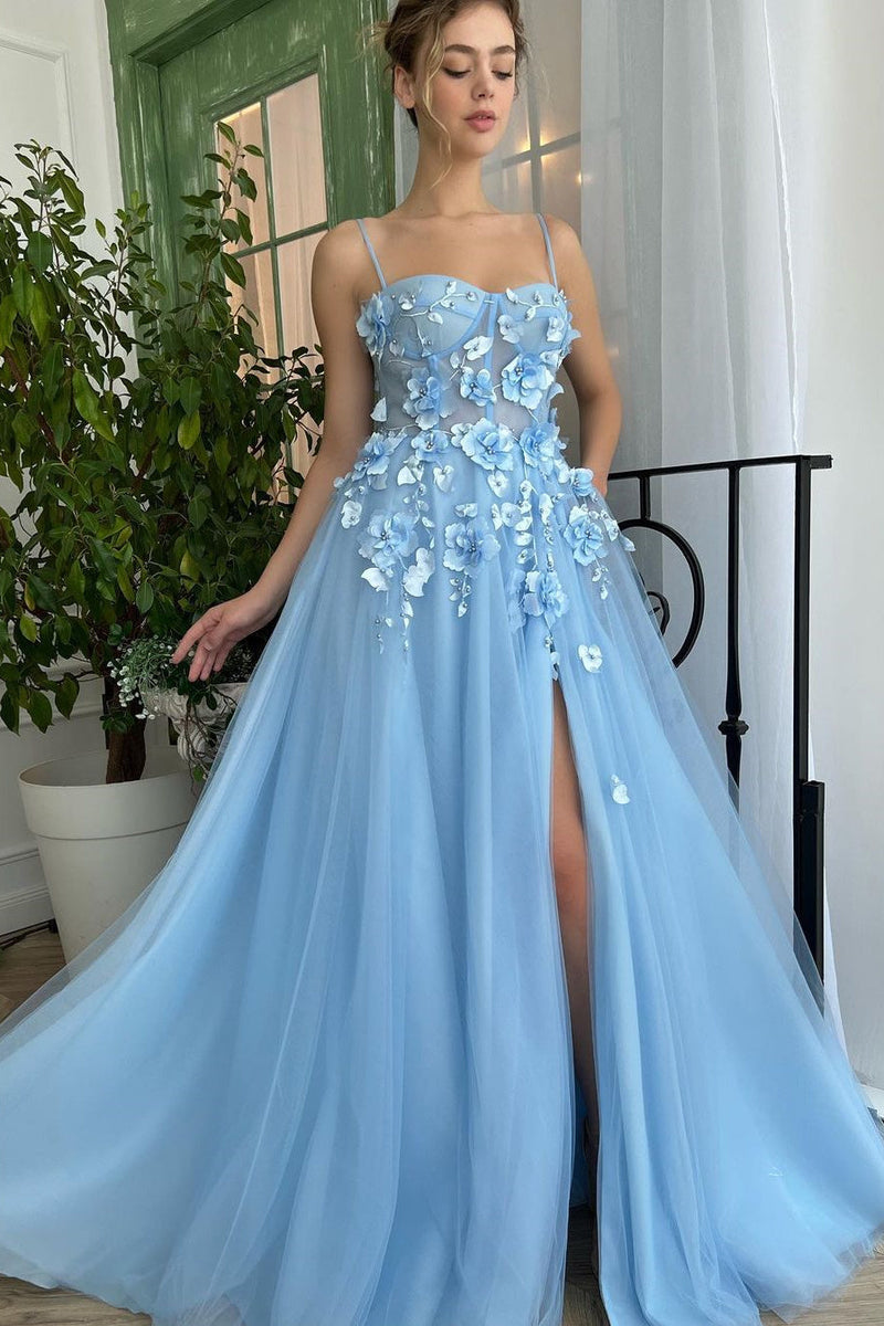 A-line Spaghetti strap Sweetheart Floor-length Sleeveless Split Front Appliques Lace Prom Dress A-line Spaghetti strap Sweetheart Floor-length Sleeveless Split Front Appliques Lace Prom Dress