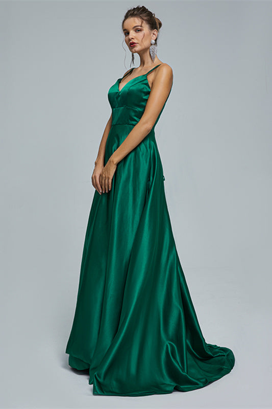 A-line Spaghetti strap Sweetheart Satin Floor-length Sleeveless Backless High Split Prom Dress-Ballbella