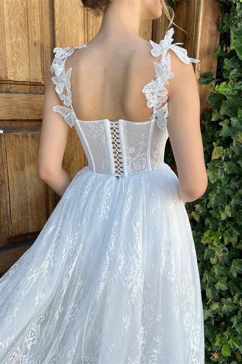 A-line Spaghetti strap Sweetheart Sleeveless Tea-length Lace Puffy Flowers Wedding Dress A-line Spaghetti strap Sweetheart Sleeveless Tea-length Lace Puffy Flowers Wedding Dress