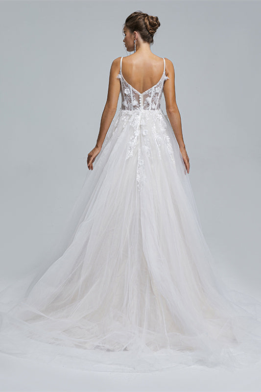 A-line Spaghetti strap Sweetheart Tulle Applique Floor-length Sleeveless Wedding Dress Cover-Ballbella