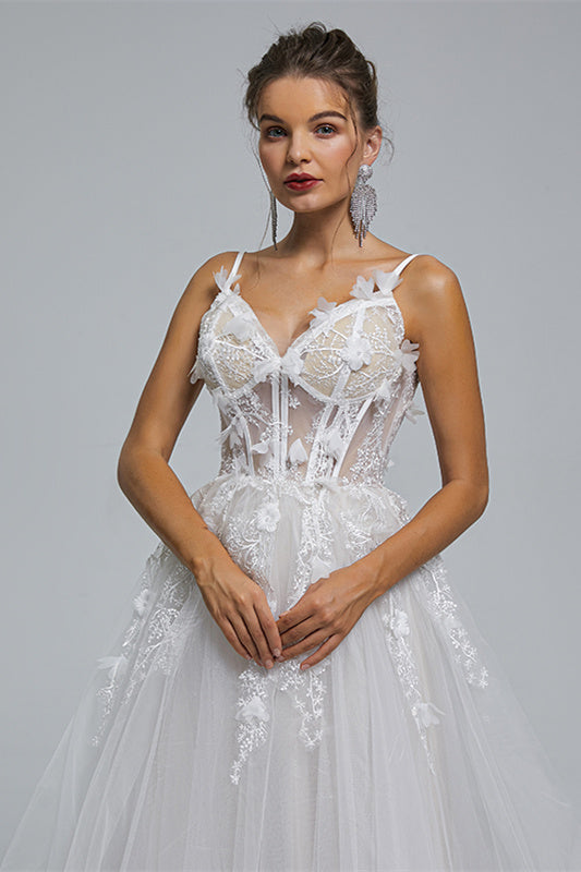 A-line Spaghetti strap Sweetheart Tulle Applique Floor-length Sleeveless Wedding Dress Cover-Ballbella