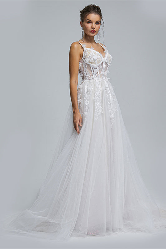 A-line Spaghetti strap Sweetheart Tulle Applique Floor-length Sleeveless Wedding Dress Cover-Ballbella