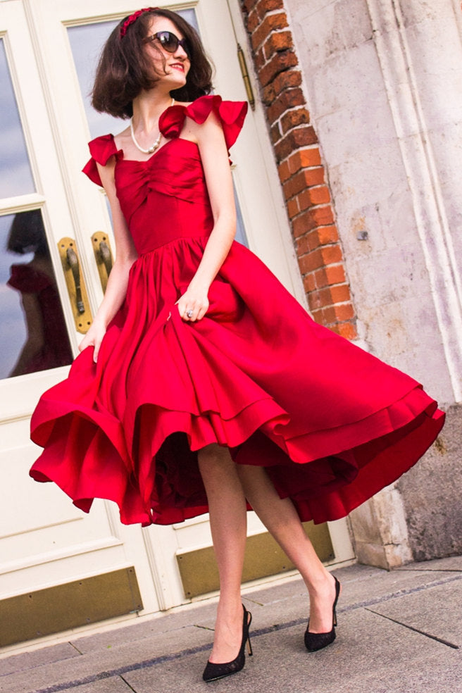 A-line Spaghetti Strap Tea Length Charmuse Homecoming Dress-Ballbella
