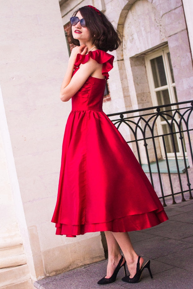 A-line Spaghetti Strap Tea Length Charmuse Homecoming Dress-Ballbella
