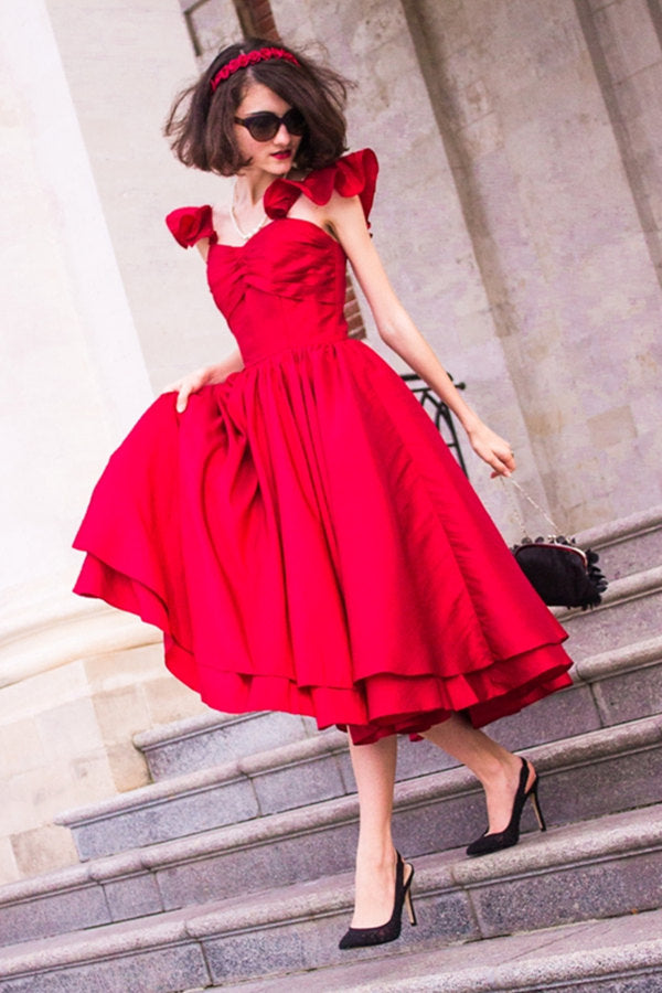 A-line Spaghetti Strap Tea Length Charmuse Homecoming Dress-Ballbella