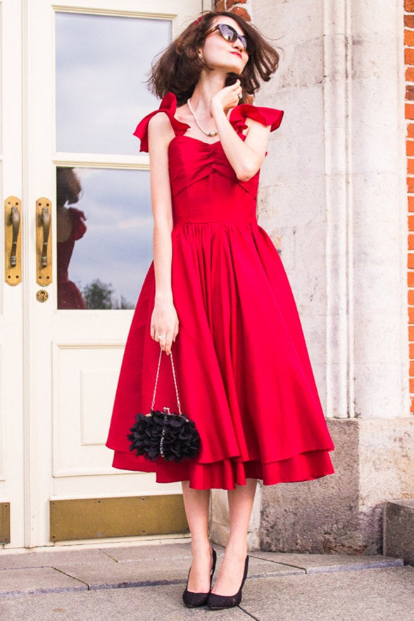 A-line Spaghetti Strap Tea Length Charmuse Homecoming Dress-Ballbella