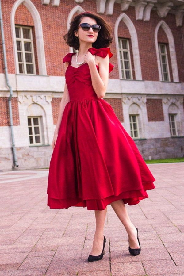 A-line Spaghetti Strap Tea Length Charmuse Homecoming Dress-Ballbella