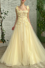 A-line Square Floor-length Sleeveless Open Back Appliques Lace Prom Dress-Ballbella