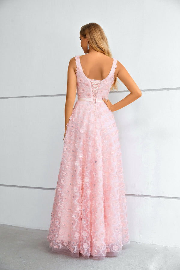A-line Square Lace Applique Floor-length Sleeveless Backless Prom Dress-Ballbella