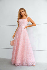 A-line Square Lace Applique Floor-length Sleeveless Backless Prom Dress-Ballbella