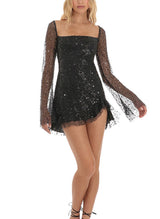 A-Line Square Neckline Long Sleeves Short/Mini Sequined Homecoming Dresses-Ballbella