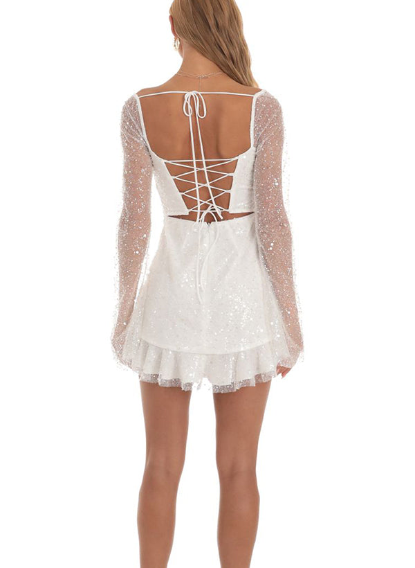 square neck long sleeve homecoming dress A-Line Square Neckline Long Sleeves Short/Mini Sequined Homecoming Dresses