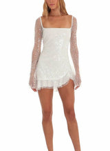 A-Line Square Neckline Long Sleeves Short/Mini Sequined Homecoming Dresses-Ballbella