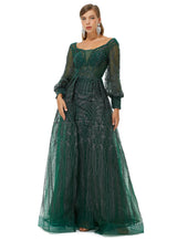 A-line Square Neckline Sequined Floor-length Long Sleeve Open Back Appliques Lace Prom Dress-Ballbella