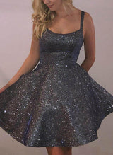 A-Line Square Neckline Sleeveless Sequined Short/Mini Homecoming Dresses With Sequins-Ballbella