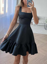 A-Line Square Neckline Sleeveless Short/Mini Satin Homecoming Dresses-Ballbella